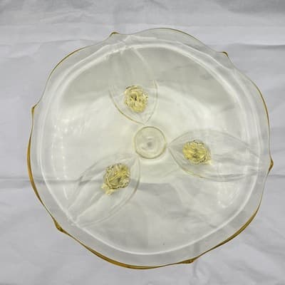Vintage Lancaster Elegant Glass Three Footed Cake Serving Plate Yellow Scalloped