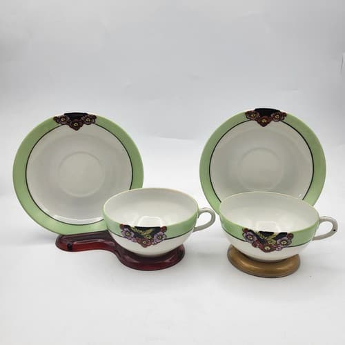 Japanese Porcelain Tea Cup & Saucer Pair Green Border Floral Bouquet Translucent