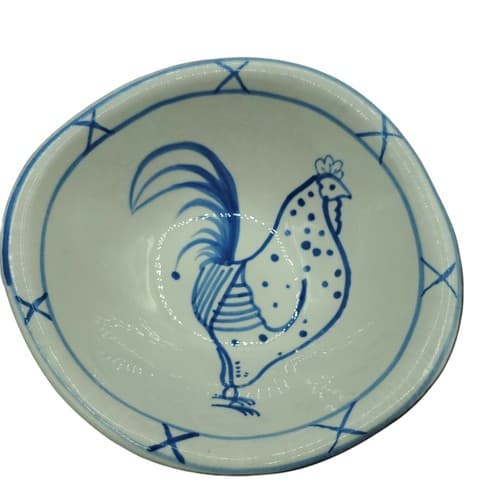 Terracotta Rooster Bowl Blue White Small 5in Two Tone MCM Handmade Handpainted