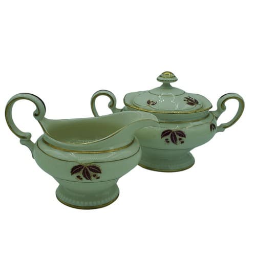 Castleton China Jubelee Sugar Bowl Creamer Set Ivory Burgandy Gold Trim USA