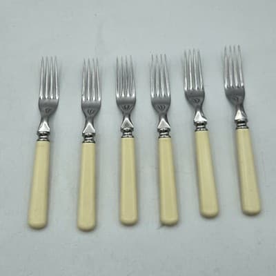 VTG Universal Celluloid Cream Handle Dinner Forks Stainless Steel Blade 4 Prong