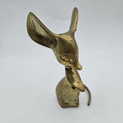 Vintage Solid Brass Mouse Big Ears & Long Tail Patina Paperweight 5.5"