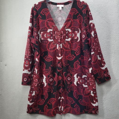 Susan Graver Womens Sweater XL Dark Red Paisley Tunic Cardigan Matched Pattern