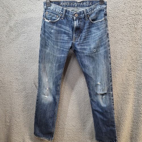 American Eagle Mens Jeans Blue 30x34 Medium Wash Distressed Straight Whiskering