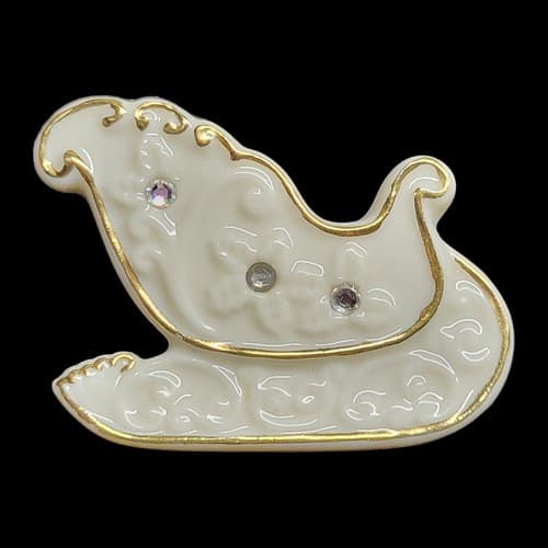 Vintage Lenox Sleigh Christmas Brooch Pin White Porcelain Rhinestone Accents