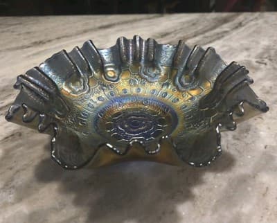 Antique Fenton Carnival Glass Bowl Blue Persian Medallion 3in1 Ribbon Edge EUC