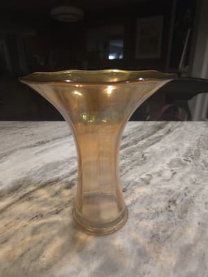 Vintage Imperial Glass Trumpet Vase Marigold Iridescent Morning Glory 8.5"
