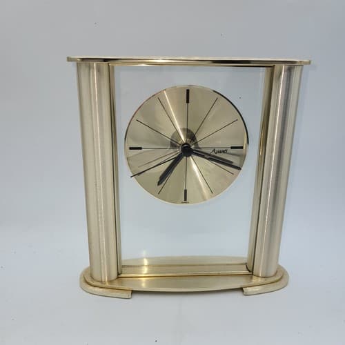 Avanti MCM Glass Freestanding Desk Mantle Clock Gold Tone Pillars Black Accents