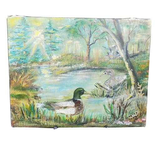 Mallards Oil Painting Orginal Landscape Blues Greens Signed Unframed 13.5" x 11"