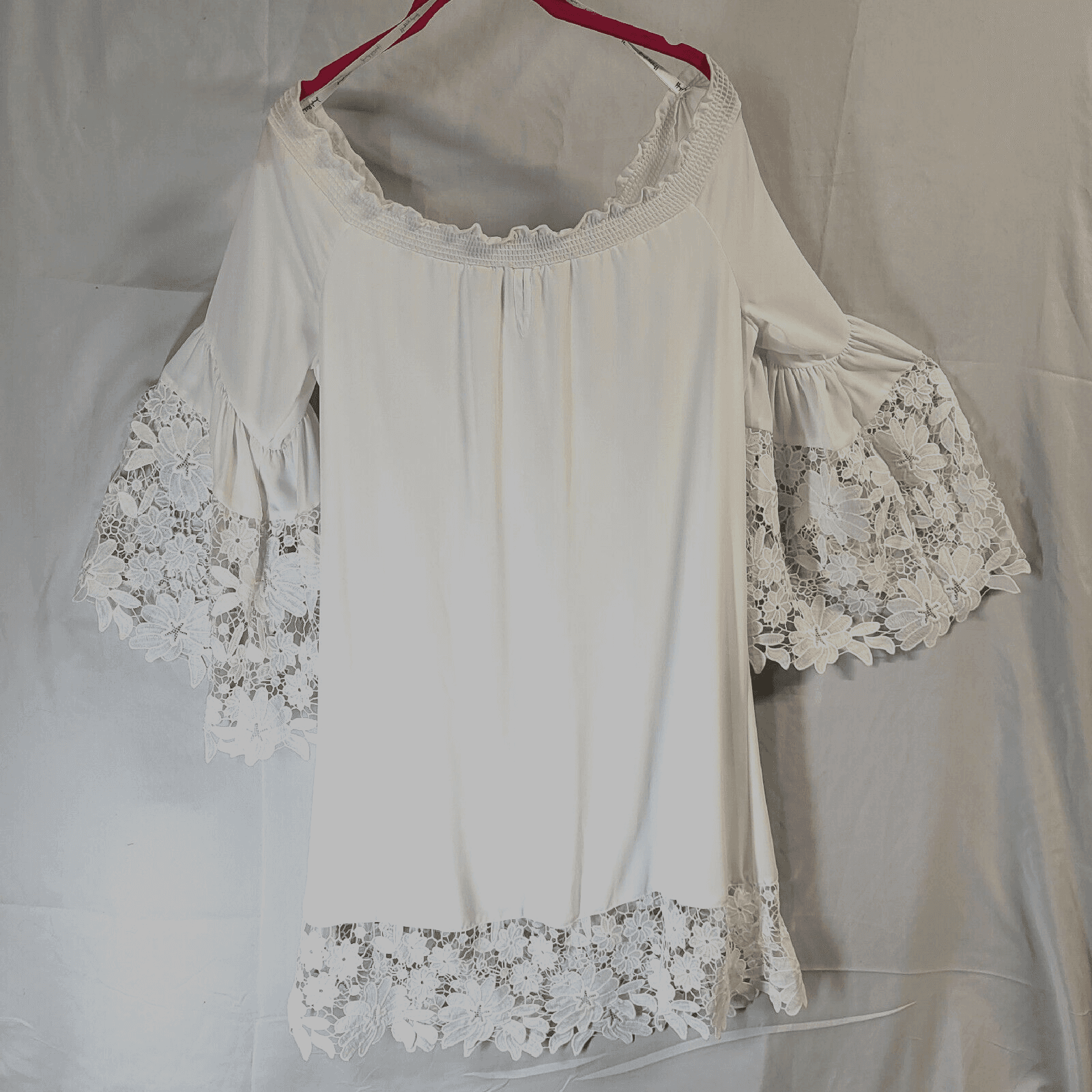 Joseph Ribkoff Dress White Petite S Polyester Lined Lace Applique Bell Sleeves