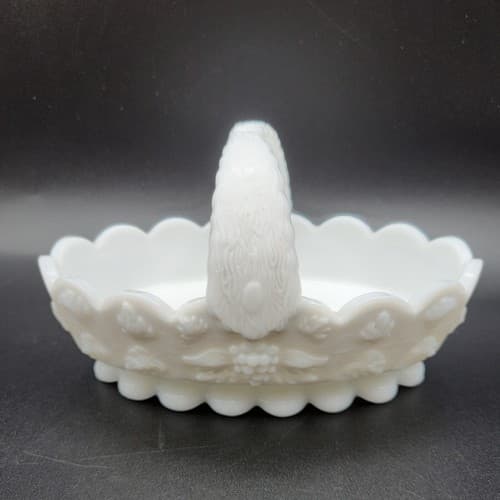 Vintage Westmoreland Paneled Grape Milk Glass Handled Oval Small Basket
