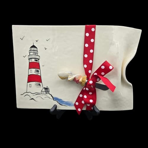 Art Pottery Serving Plate Lighthouse Built In Handle Signed Shell Knife
