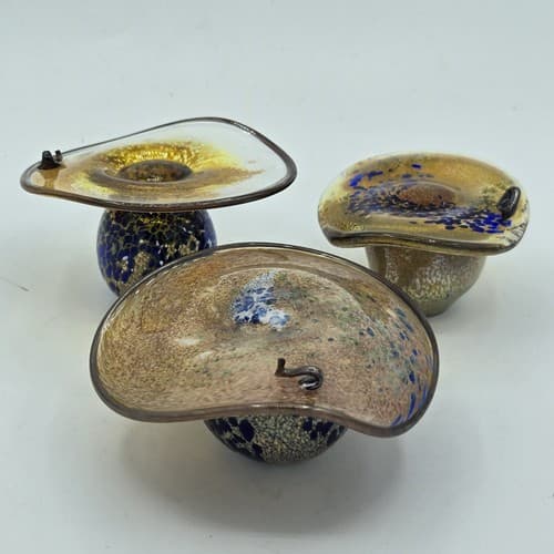 Vintage Mushrooms Art Glass Set 3 Small Snail Accent Blues Gold Handblown