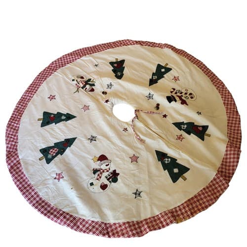 Christmas Tree Skirt 42" Cottagecore Applique Trees Snowmen Red Prima Creation