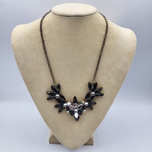 J. Crew Crystal Rhinestone & Black Marquis Necklace Gold Tone 20" Signed