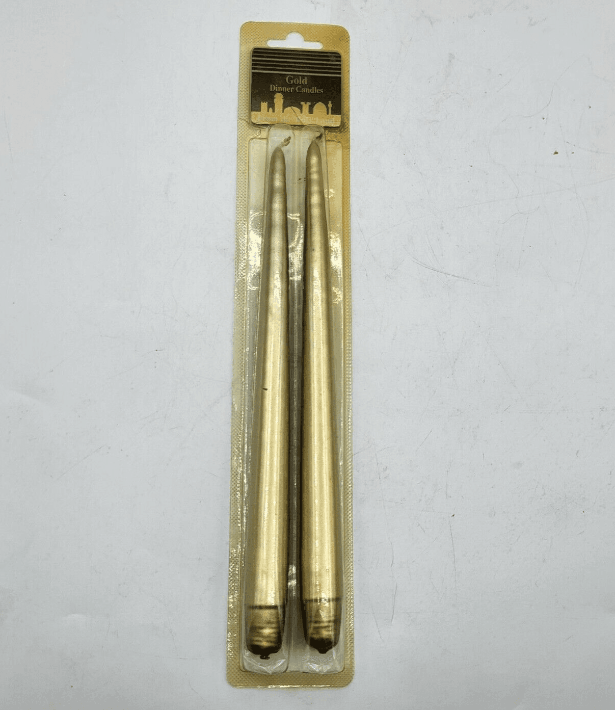 Holy Land Dinner Candles Two 10in Gold Tapers New in Package Made in Israel NOS