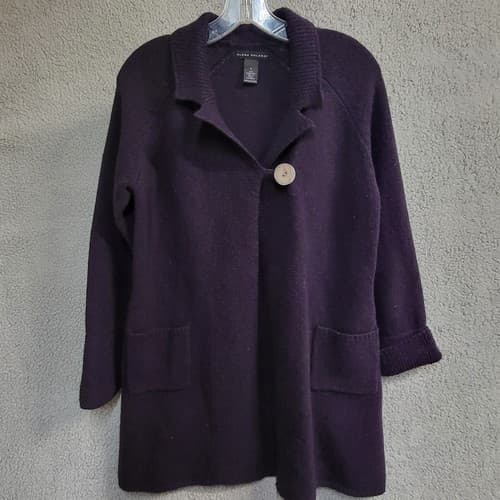 Elena Solano Womens Sweater Purple M Lambs Wool Cardigan Open Pockets One Button
