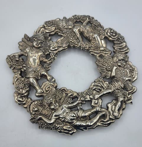 Christmas Cherb Trivet Silverplate Wall Art Round Rubber Tip Feet MCM