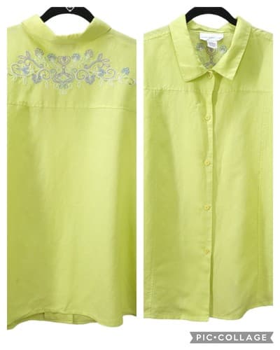 Susan Graver Womens Blouse Jacket Green 2X Linen Rayon Blend Embroidered