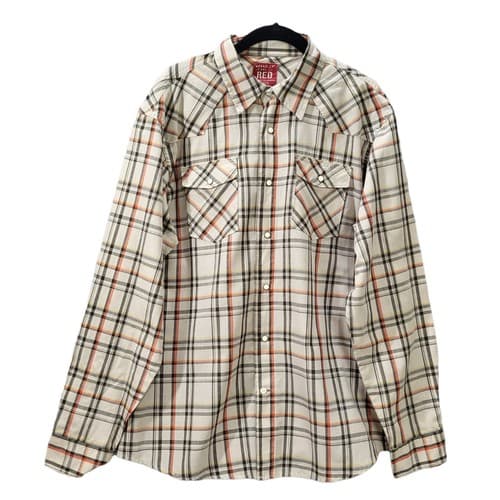 Wranger RED Mens Shirt Pearl Snap Tan Check L Cotton Blend Western Pocket