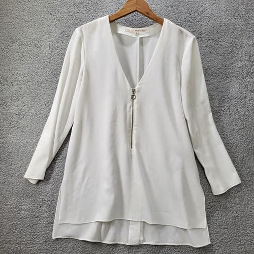 Rachel Roy Womens Top Blouse White S Poly Blend V-Neck Zipper Hi Low Vent Back