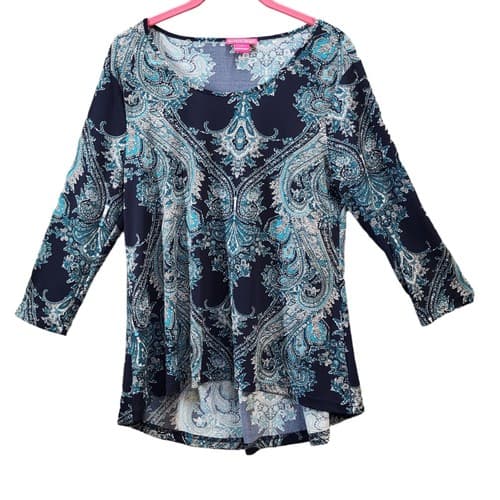 Sunny Leigh Womens Blouse Top Blue M High-Low Tunic Ballet Sleeves Boho Stretch
