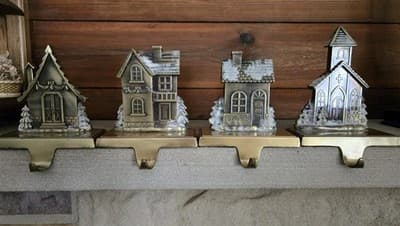 VTG Christmas Stocking Holders Village Metal Set 4 Antique Brass Finish Heavy