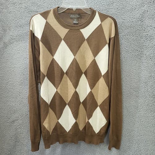 BOBBY CHAN Mens Argyle Golf Sweater Brown XL Long Sleeve Silk Cotton Blend