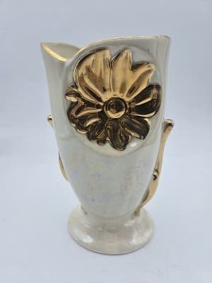 Vtg MCM White Pearl Lusterware Vase Heavy 22kt Gold Sunflower Trim