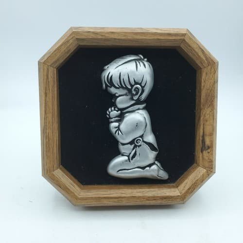 Vintage Pewter Praying Boy Framed Wall Hanging Picture 1984 Miller Studio