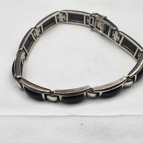 Black Onyx Bracelet & Earring Set Marked 925 Silver Link Double Safety Clasp
