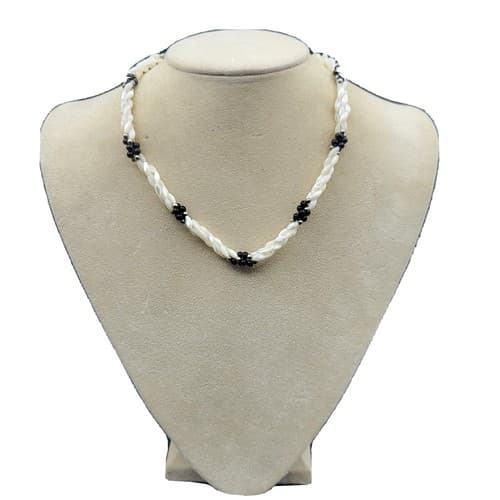 White Rice Pearl & Black Onyx Torsade Necklace 3 Multi Strand Gold Beads Vintage