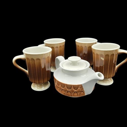 Mayers China VTG Teapot & 4 Footed Mugs Restaurant Ware Brown MCM Sculptura NEW