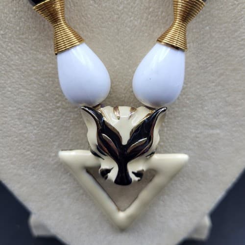 Lions Head Necklace Enamel Ivory Black Silk Chain Locking Clasp Triangle Head