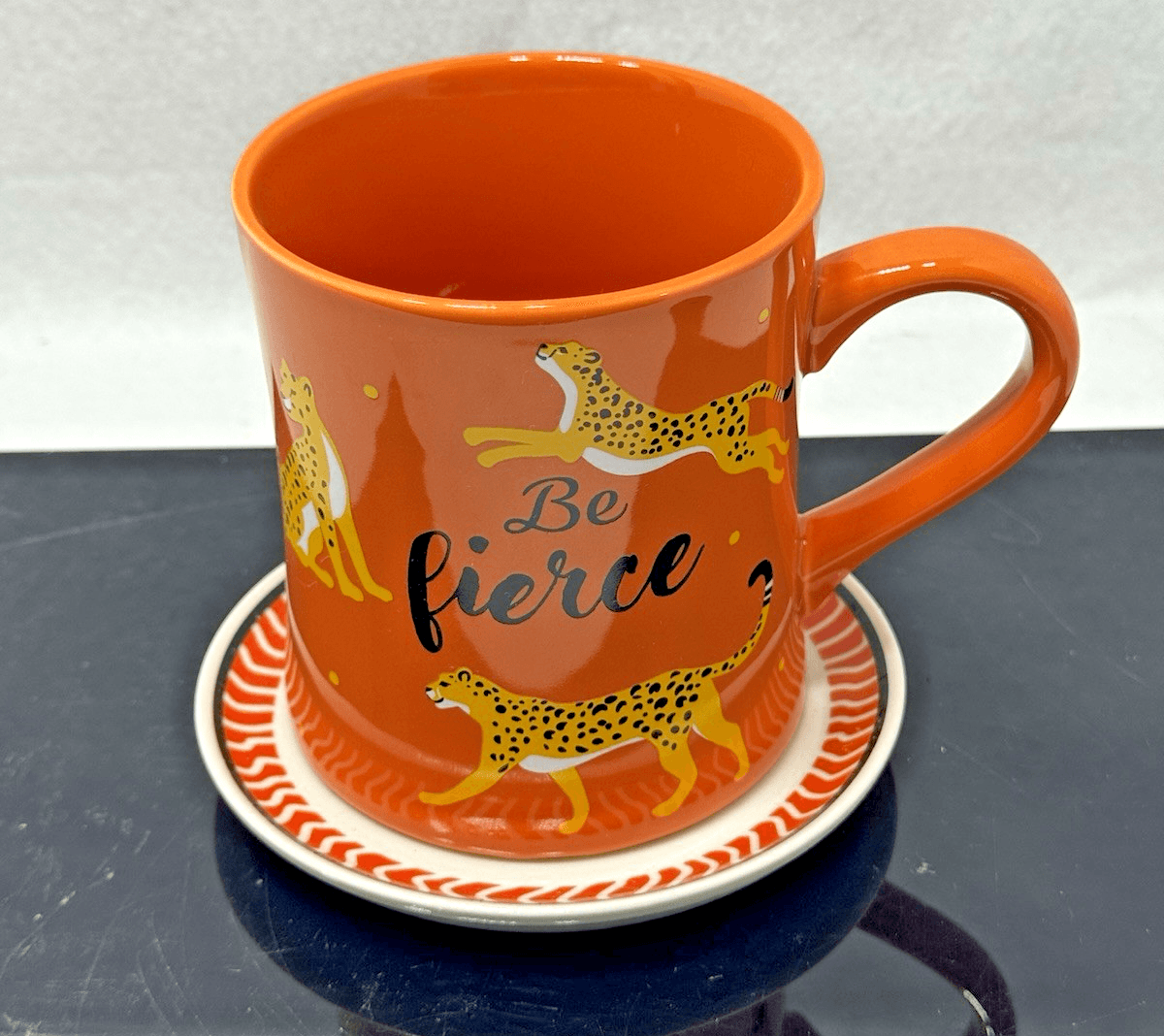 Be Fierce Cheetah Mug Oversized Ceramic Golden Orange Inspirational Saucer - Image 1