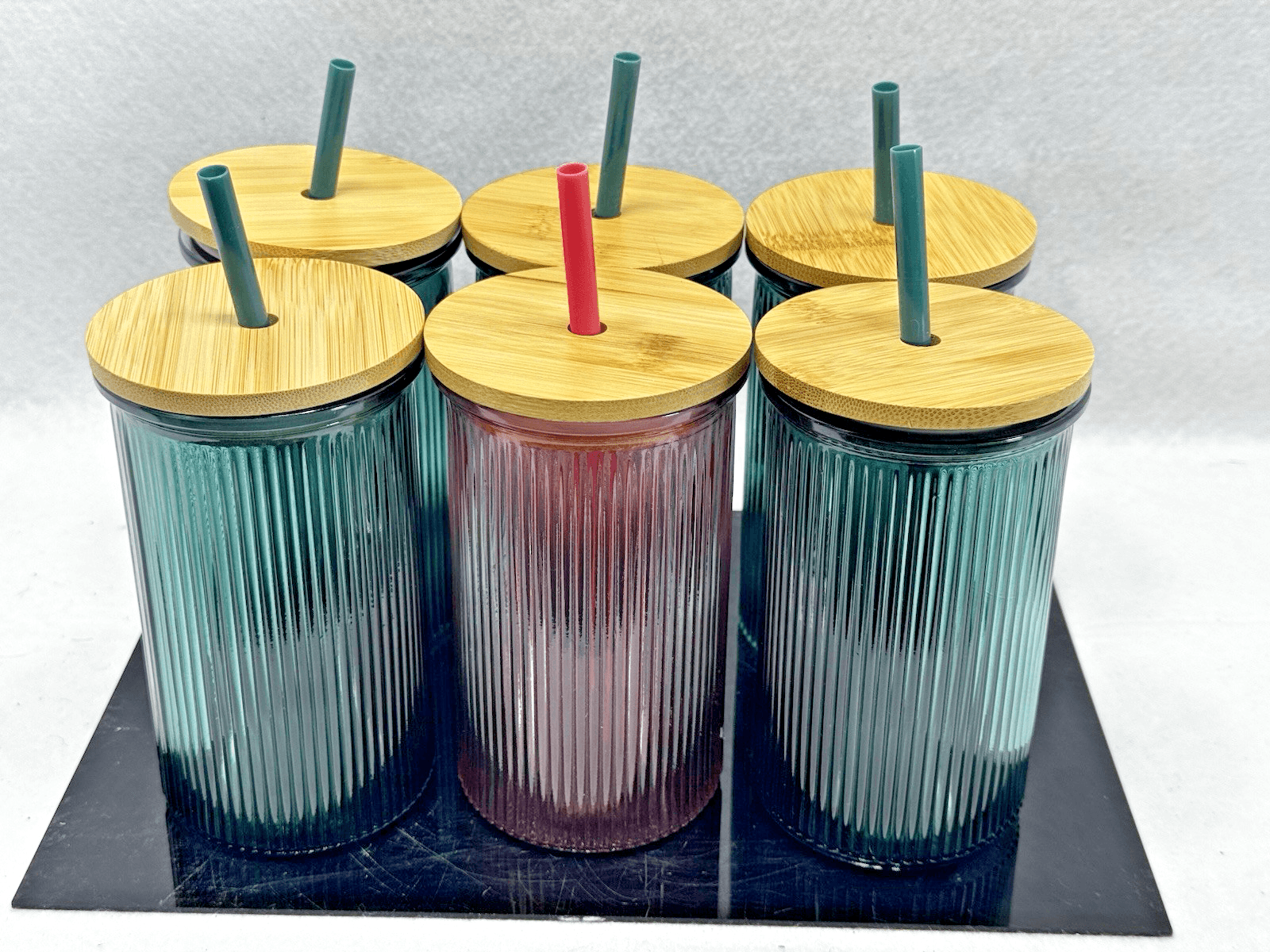 True Living Glass Tumblers Set of 6 Teal Ribbed 16 oz Bamboo Lids with Straws - Image 1