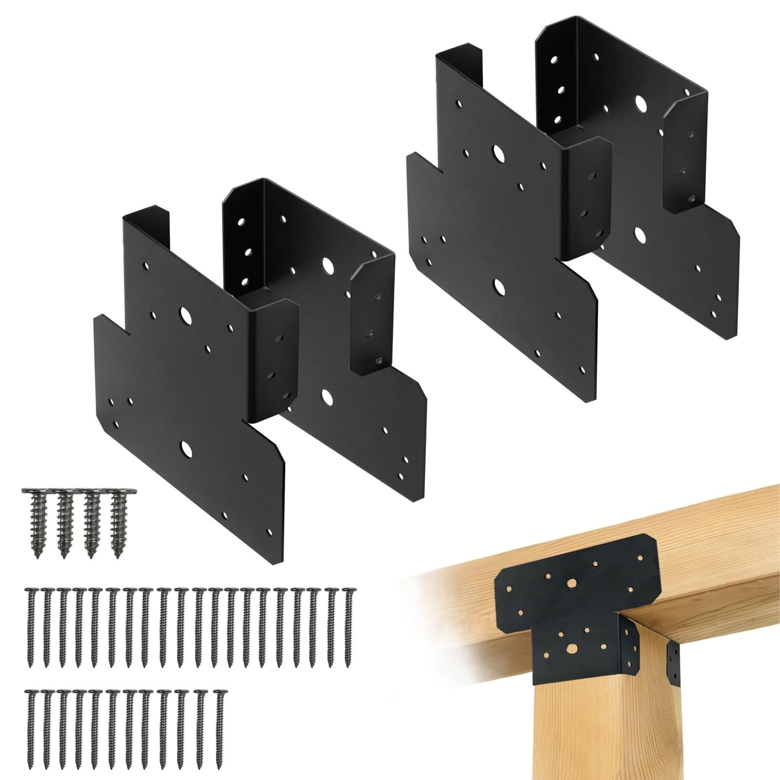 4 Pcs 6x6 Black T Shaped Post and Beam Connector, Pergola Bracket, Adjustable... - Image 1