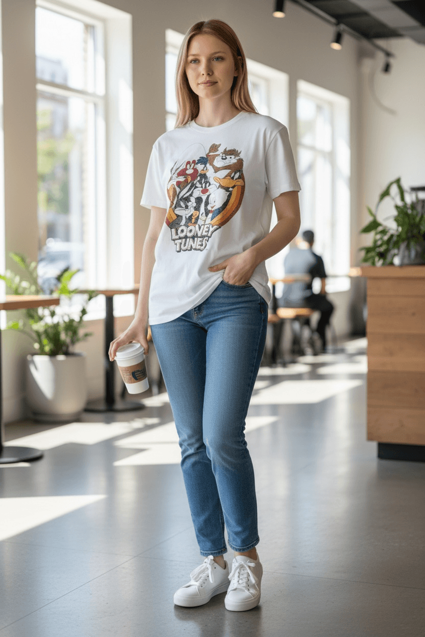 White Vintage Looney Tunes Graphic T Shirt Size Small - Image 1