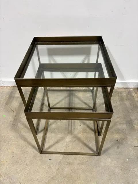 Set of 2 Antique Brass & Glass Nesting Tables - Image 1