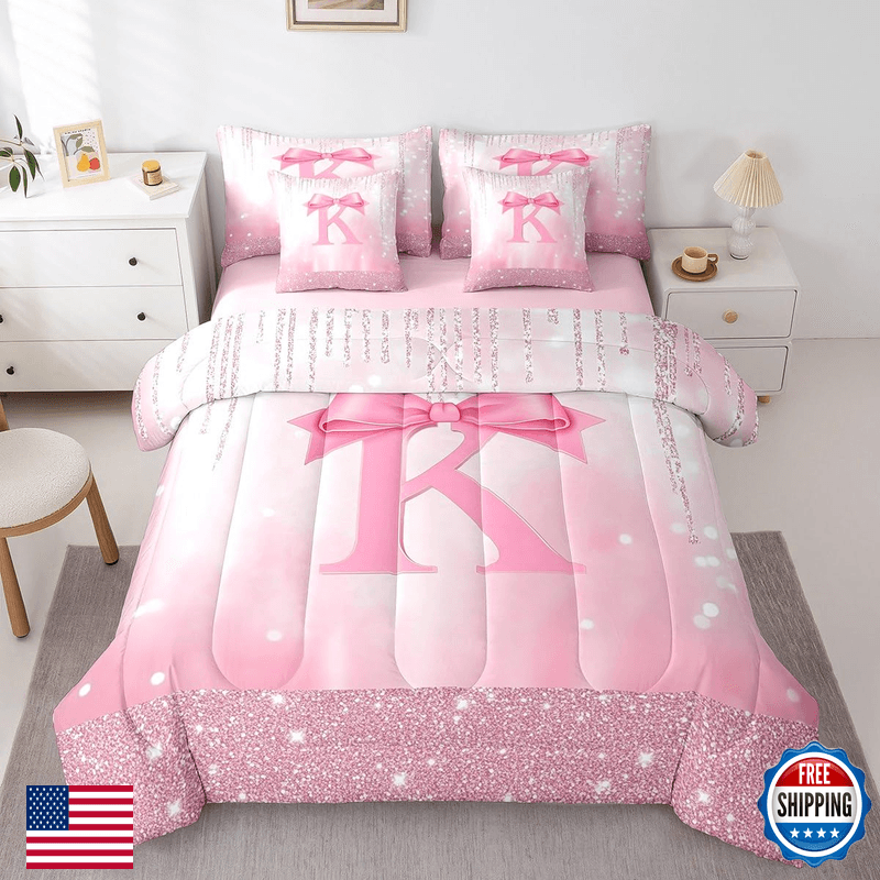 Feelyou Kids Pink Bowknot 7 Pieces Bedding Set Queen Size Personalized Initial - Image 1