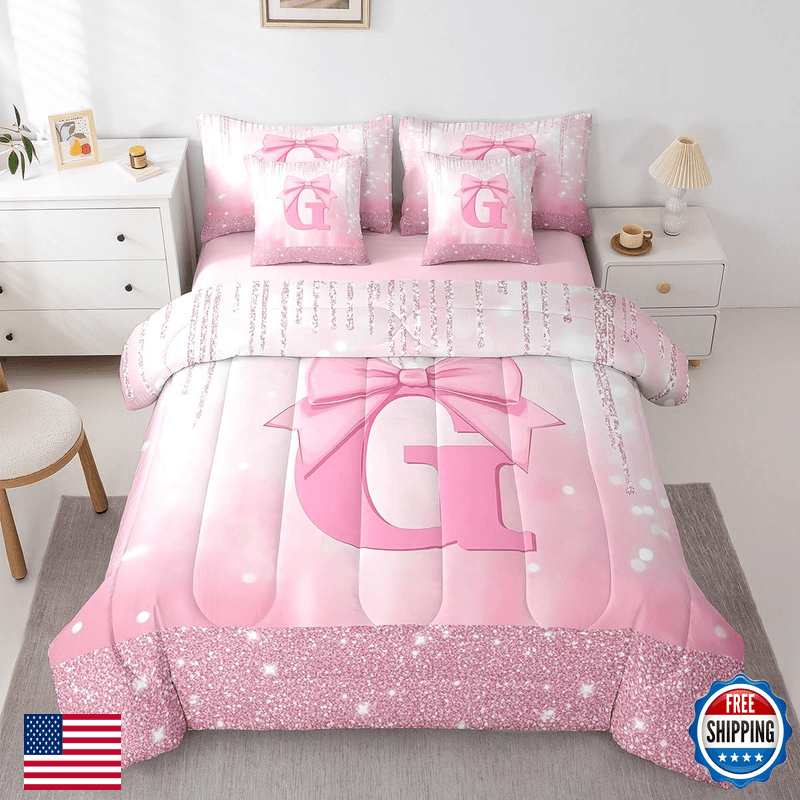 Feelyou Kids Pink Bowknot Bed In A Bag Twin Size Personalized Initial G - Image 1