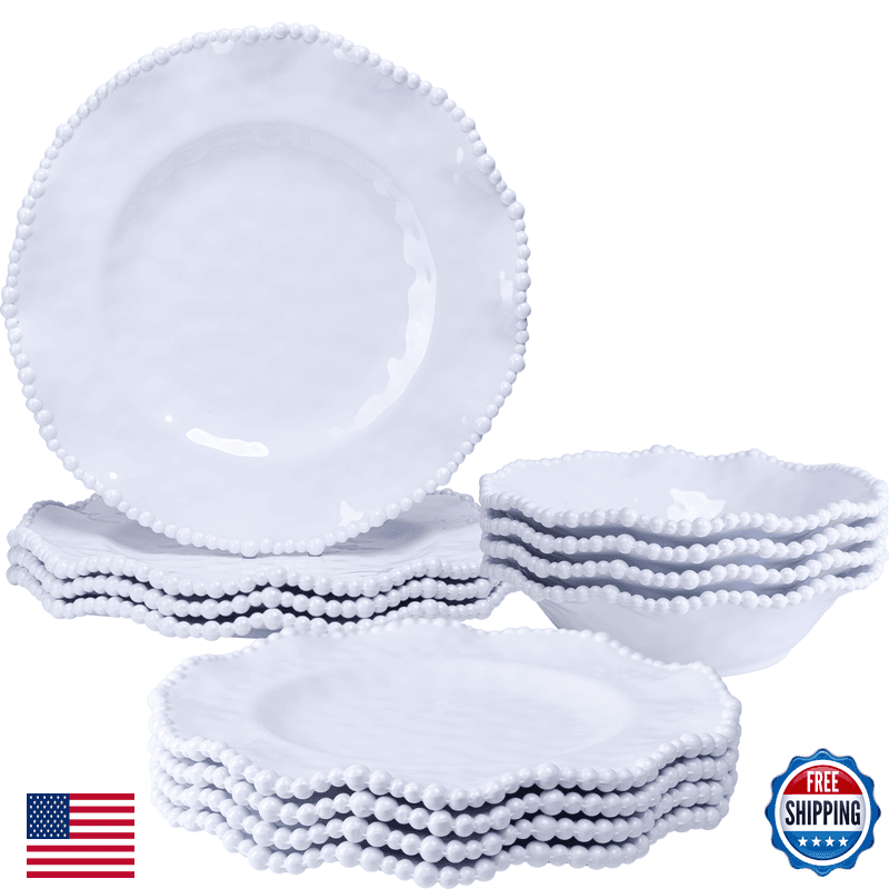 Zarocrus 12-Piece White Beaded Melamine Dinnerware Sets Chip-Resistant Plates - Image 1