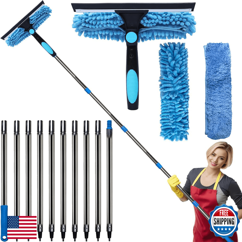 Sinyum 20 Feet Reach Blue 2 In 1 Window Washing Squeegee Duster 3-14 Ft - Image 1