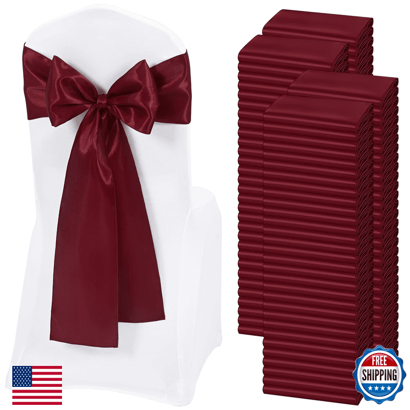 Rewomc 120 Pcs Burgundy Satin Chair Sashes Ties Bows Designed Chairs Decorative - Image 1