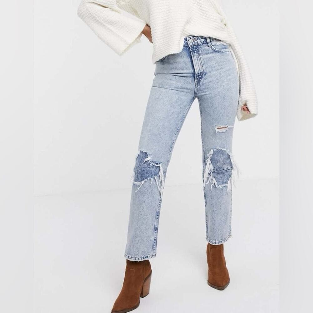 Free People Light Wash Distressed Straight Leg Jeans - Image 1