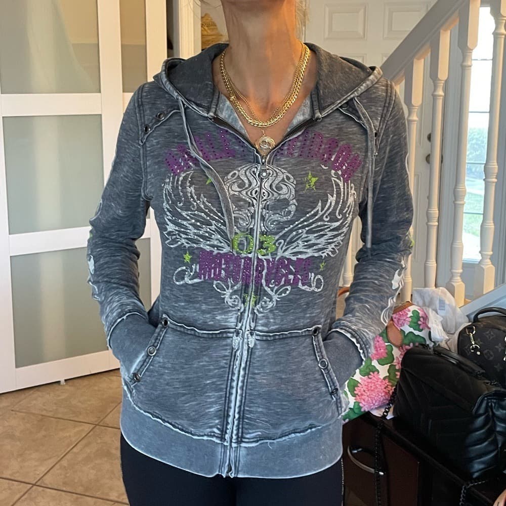 Harley-Davidson Gray Zip-Up Hoodie with Wing Graphic and Purple Accents - Image 1