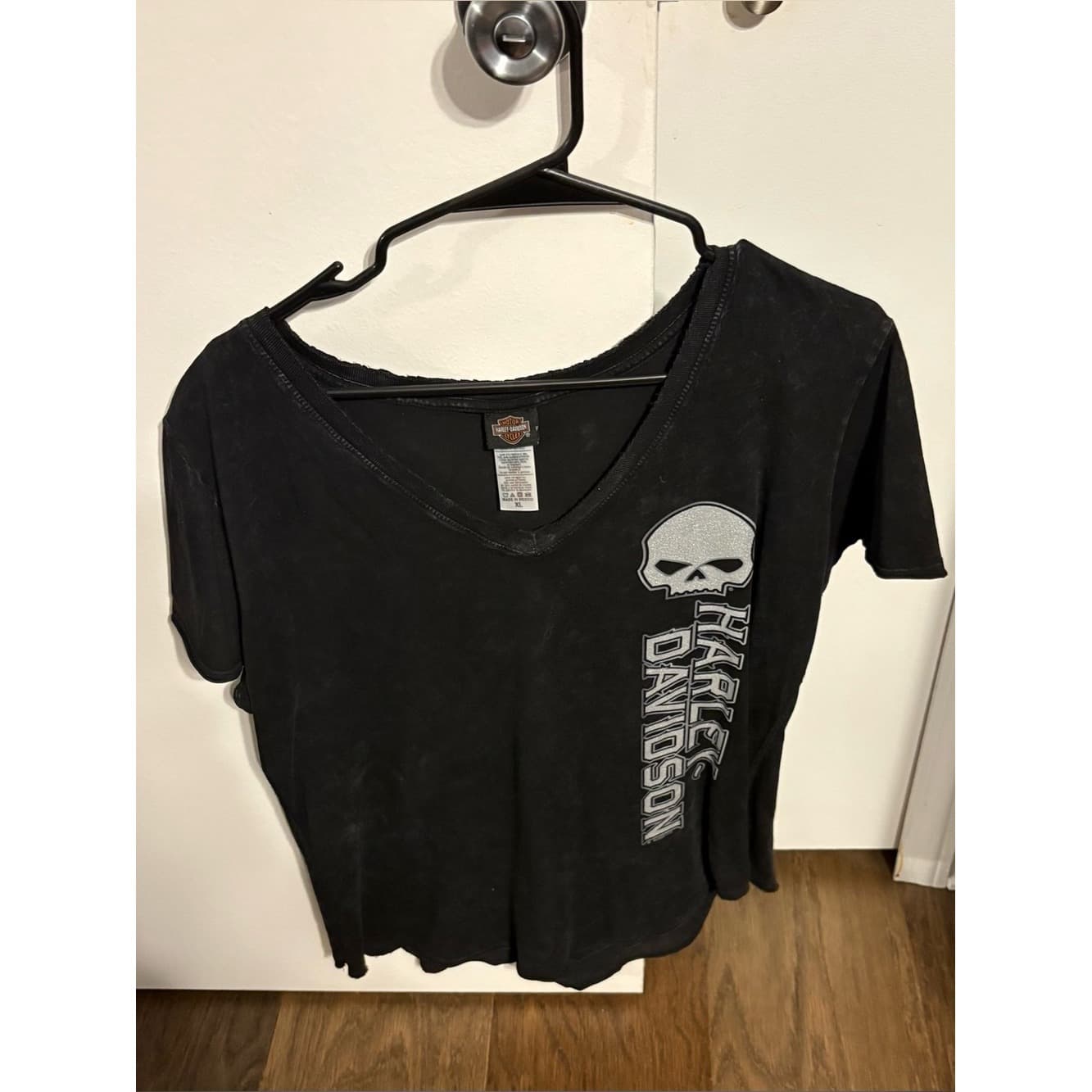 Harley-Davidson Chicago IL Black V-Neck Tee with Gray Skull and Vertical Logo - Image 1