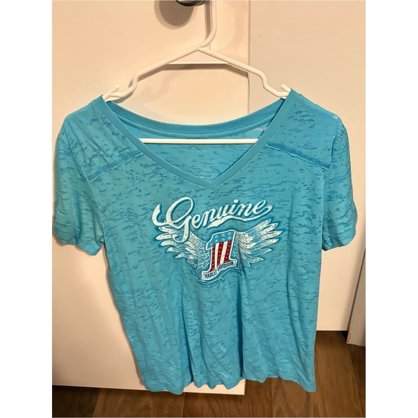 Harley-Davidson Tulsa OK Women's Turquoise V-Neck Tee with 'Genuine' Crest - Image 1