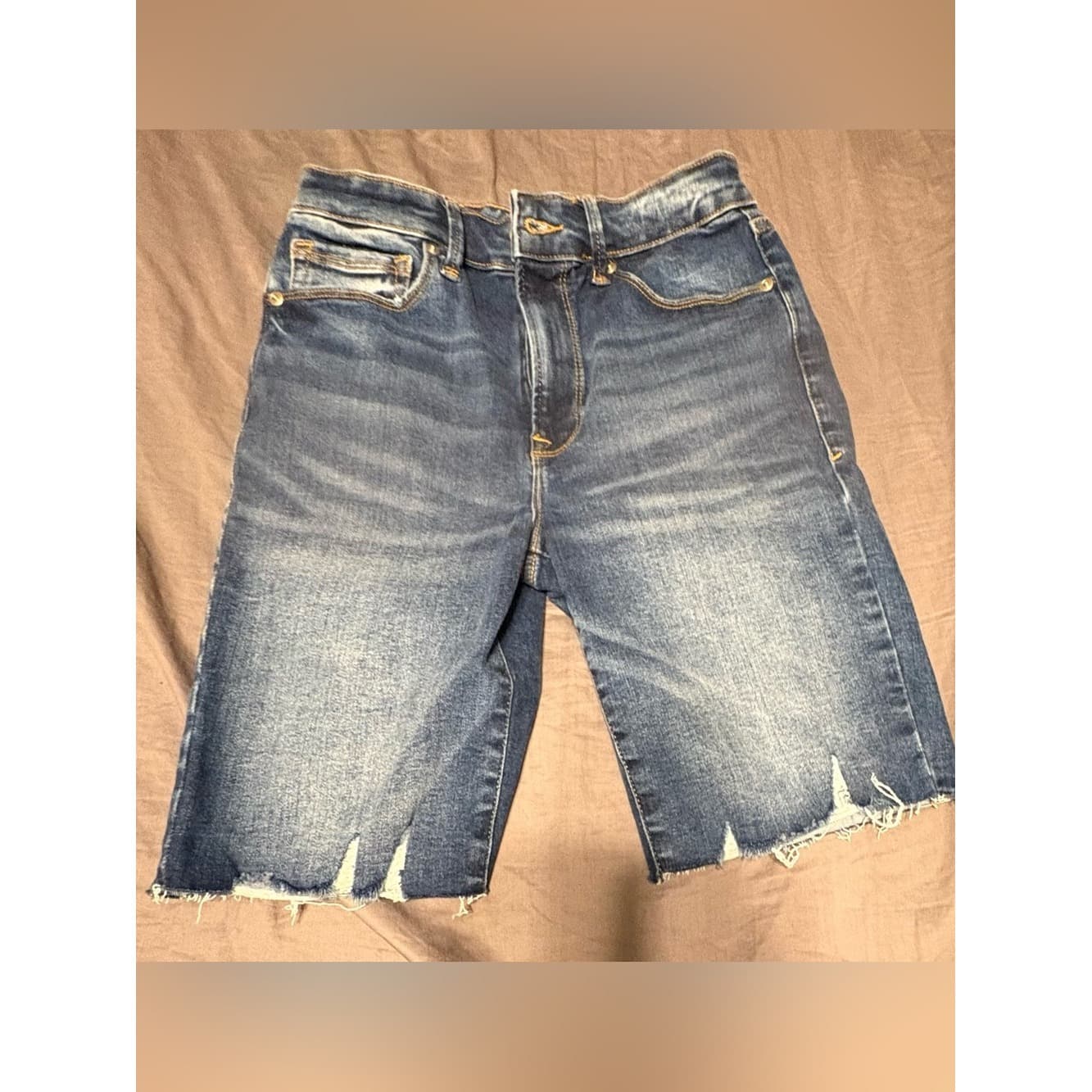Good American Dark Indigo Distressed Denim Bermuda Shorts - Image 1