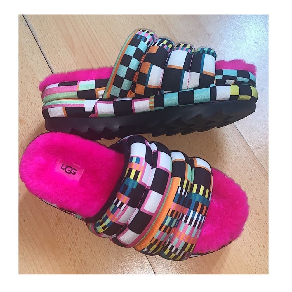UGG Multicolor Check Platform Shearling Slide - Hot Pink - Image 1